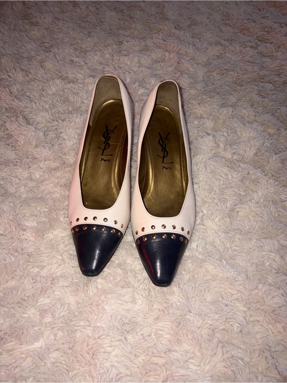 Yves Saint Laurent Pink and Black Studded Pointed-Toe Flats